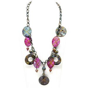 Vintage Colorful Painted Brass Dangles Necklace, Retro Bib Pink Grey and Gold